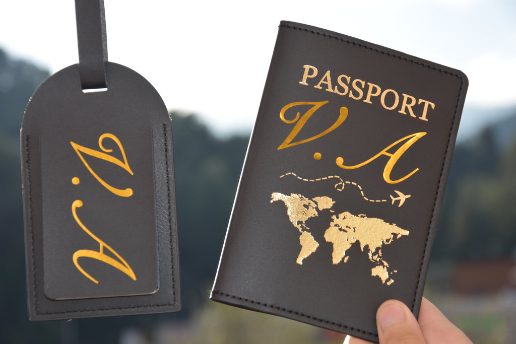 Ensemble protège passeport avec étiquette pour couple st-valentin cadeau à offrir amour voyage noir pour homme ou femme